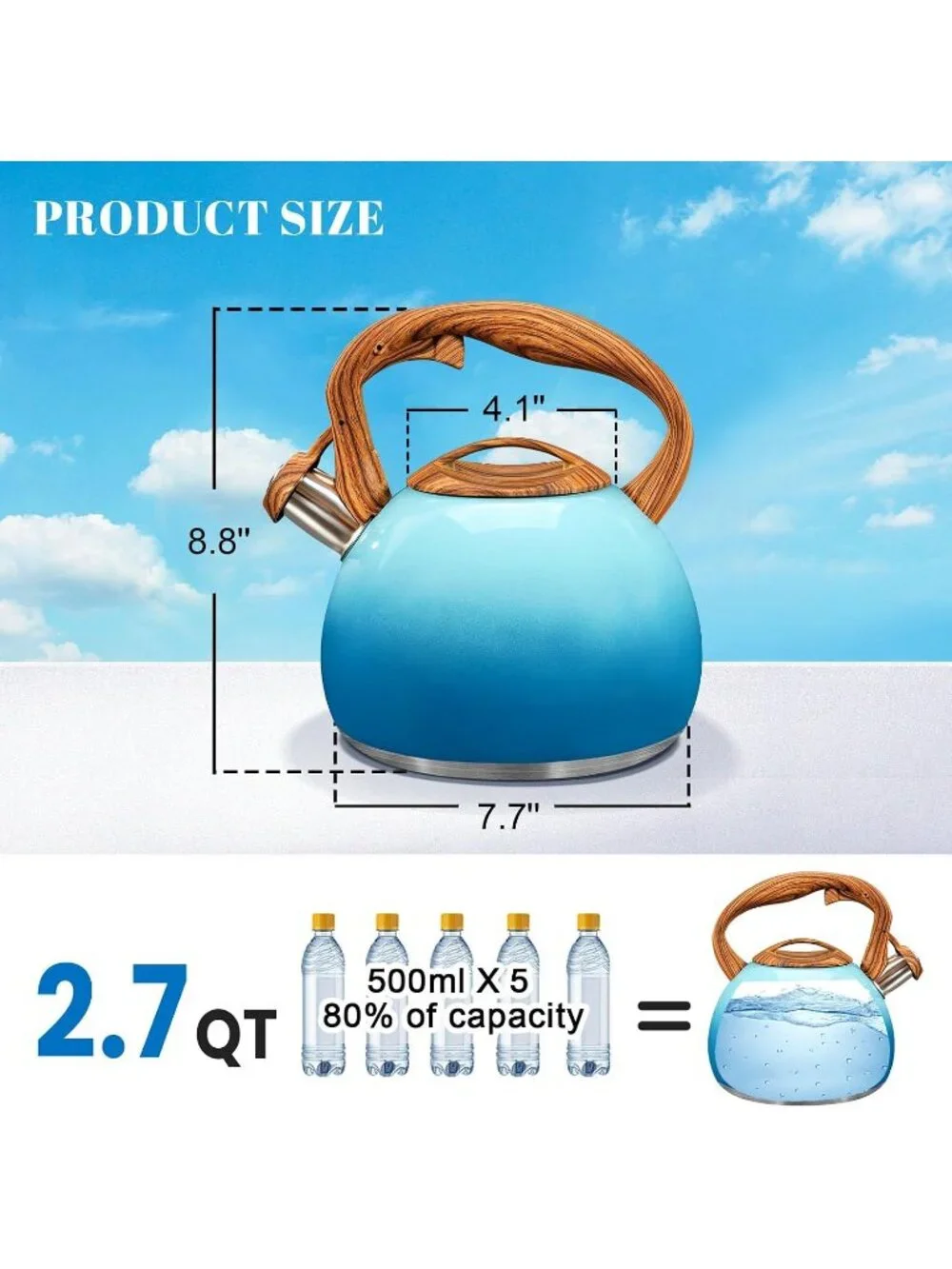 GGC 3.1QT Sky-Blue Stainless Steel Whistling Tea Kettles For Kitchen Stove Top